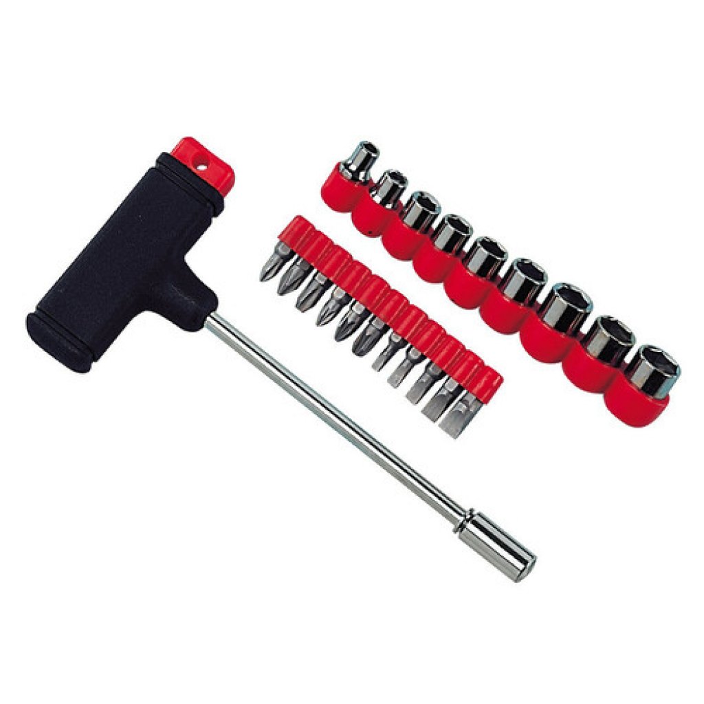 T-handle screwdriver with 9 socket wrenches and 11 interchangeable bits 