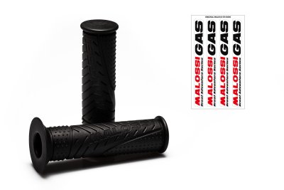 Pair of black grips with Malossi MHR BLACK logo for Vespa 50&#x2F;90&#x2F;125 Primavera ET3&#x2F;GTR&#x2F;Sprint V&#x2F;TS&#x2F;Rally&#x2F;PX 