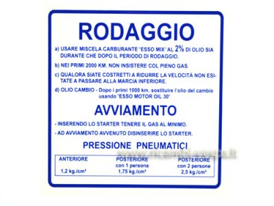 Adhesivo indicaciones de Rodaje, mezcla al 2%, 4 marchas color azul. para Vespa 180&#x2F;200 Rally 