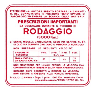 Adhesivo indicaciones de Rodaje, mezcla al 6%, 4 marchas color rojo para Vespa 150 GS 