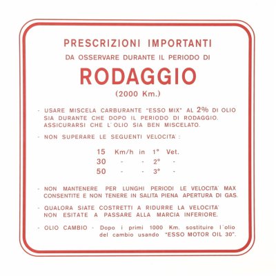 Adesivo indicazioni di Rodaggio, miscela al 2%, 3 marce colore rosso per Vespa 125 VNA&#x2F;​VNB&#x2F;​150 VBA 