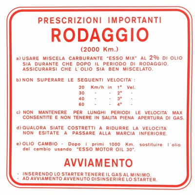 Adesivo indicazioni di rodaggio, miscela al 2%, 4 marce colore rosso per Vespa 125 VNB&#x2F;​GT&#x2F;​150 VBB&#x2F;​GL 