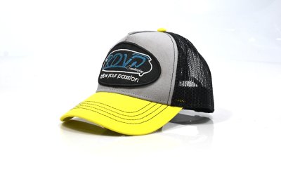 Cappellino vintage trucker &quot;RDV Scootershop&quot; di colore nero, grigio, giallo fluo 