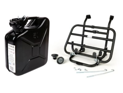 Front luggage rack in black color with gas can holder (black can included) 