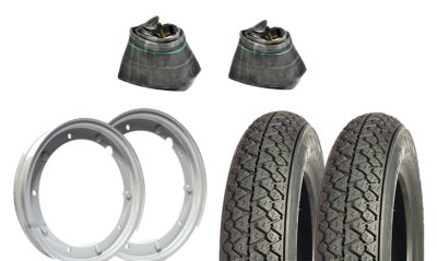 2 Michelin S83 Reifen, 2 VEE RUBBER Schläuche, 2 RMS Felgen Größe 3.50&#x2F;10 